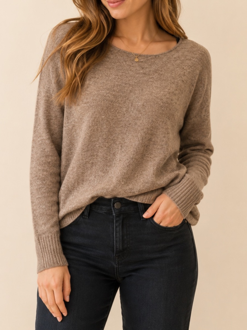 Australian Wool Beige Crewneck Sweater Minimalist Quiet Luxury Soft Knit Size M